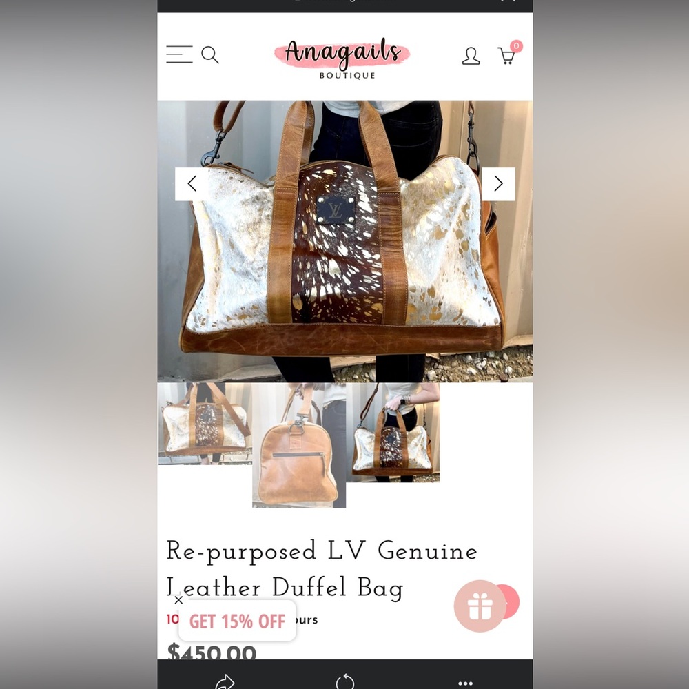 Re-purposed LV Genuine Leather Duffel Bag. Brown and White Leather Duffel Bag